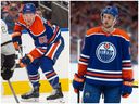 Dylan Holloway (55) of the Edmonton Oilers, left, and defenceman Philip Broberg (86), right.