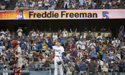 Emotional Freddie Freeman gets hug from Bryce Harper in return to Dodgers as ailing son recovers