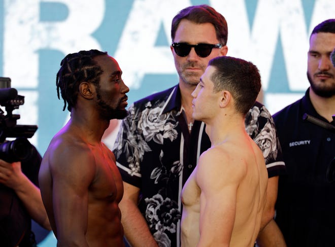 Terence Crawford and Israel Madrimov face off at Friday's weigh-ins.