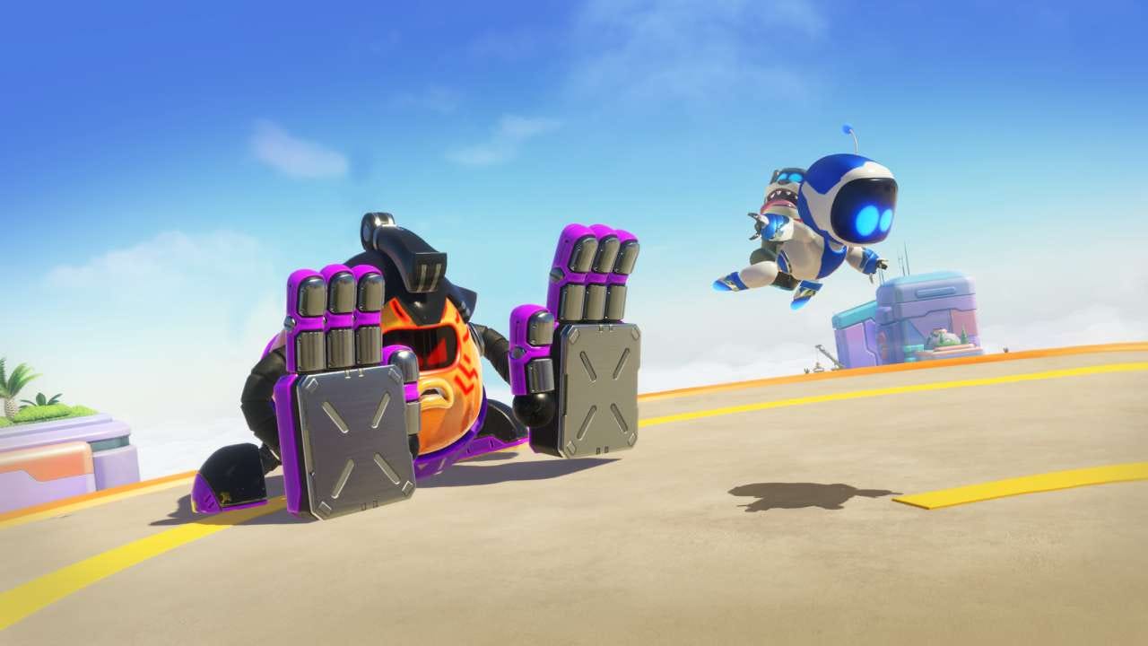 Astro Bot being pushed by a boss