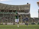 KeeSean Johnson tracks down a touchdown pass as the Saskatchewan Roughriders battled the Winnipeg Blue Bombers in Labour Day Classic at Mosaic Stadium in Regina on Sept. 1, 2024. 