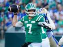 Saskatchewan Roughriders quarterback Trevor Harris (7) throws against Winnipeg Blue Bombers during the first half of CFL football action in Regina, on Sunday, September 1, 2024.