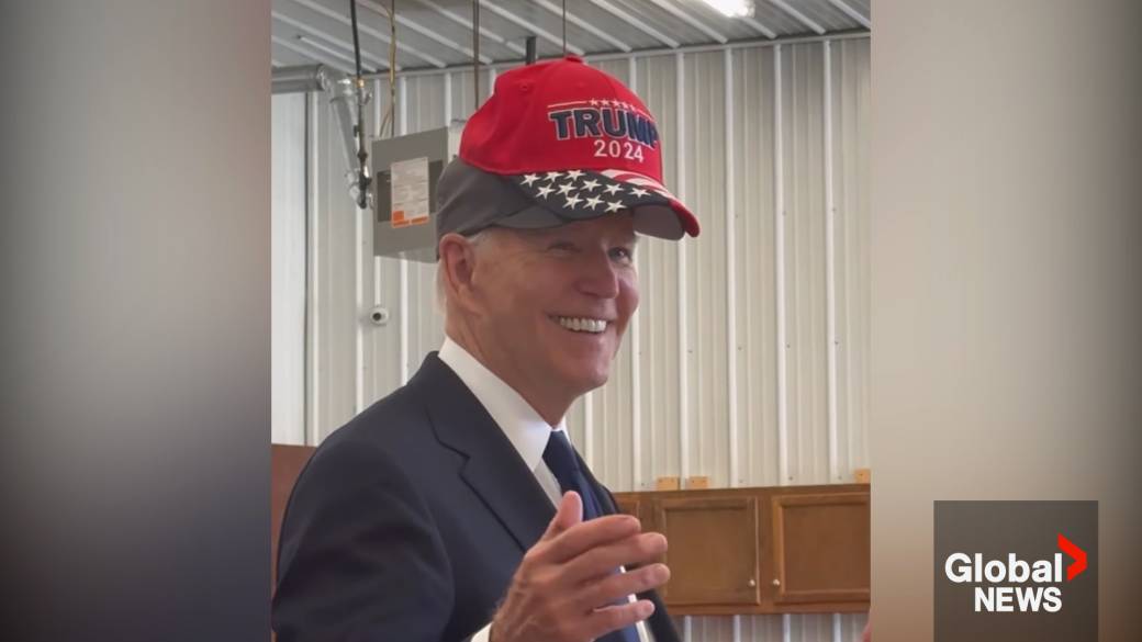 Click to play video: 'Biden wears Trump hat, jokes ‘don’t eat cats and dogs’ at 9/11 commemoration event'