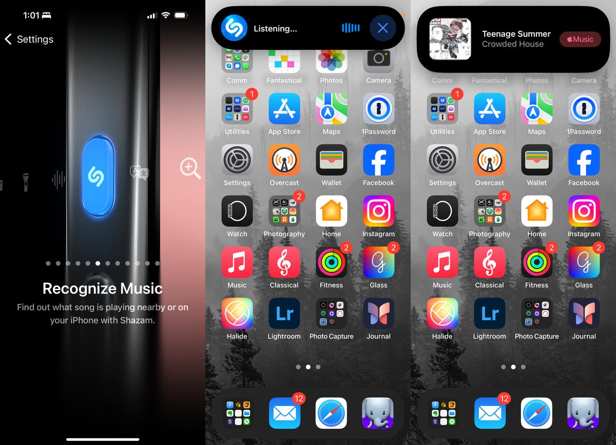 Three iPhone screenshots. At left is the Action Button setting with Recognize Music selected. The other two are the iPhone home screen showing Shazam listening and identifying a song in the dynamic island.