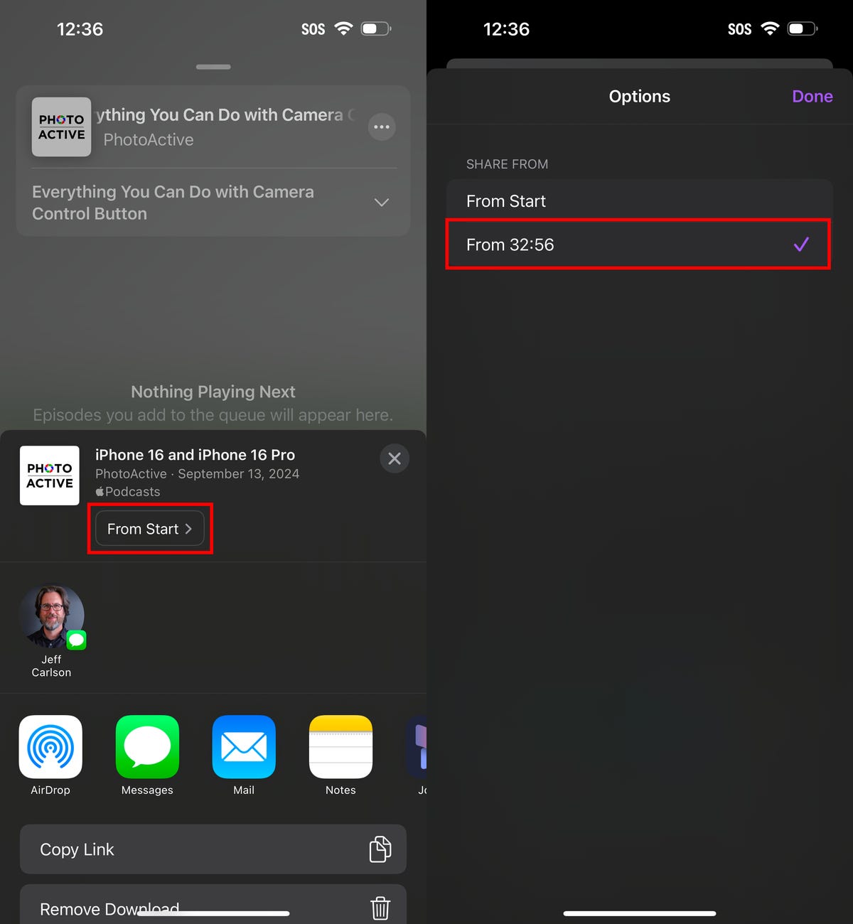 Two iPhone screenshots showing the Podcasts app. At left is the share options with the From Start button highlighted by a red box. At right is the specific time to be shared, 