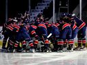 The Regina Pats gather in the crease prior to 2024-25 WHL pre-season action at the Brandt Centre. 