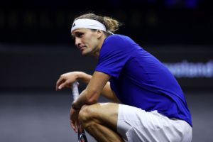 Alexander Zverev of Team Europe reacts during his singles match against Taylor Fritz. Photo by Maja Hitij/Getty Images