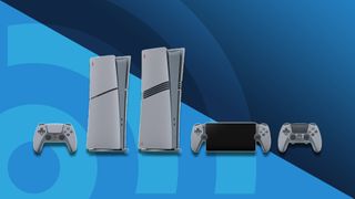 The 5 main items of the PlayStation 30th Anniversary Collection on a blue background