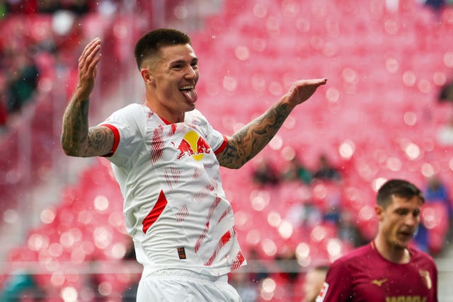 Benjamin Sesko celebrates scoring for RB Leipzig