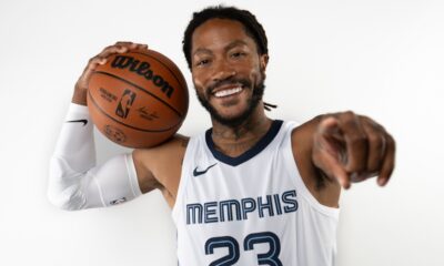 Memphis Grizzlies' Derrick Rose poses for a portrait during the NBA basketball team's media day in Memphis, Tenn. Monday, Oct. 2, 2023. (George Walker IV / AP Photo)