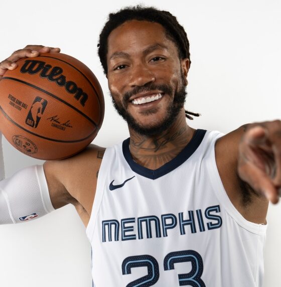 Memphis Grizzlies' Derrick Rose poses for a portrait during the NBA basketball team's media day in Memphis, Tenn. Monday, Oct. 2, 2023. (George Walker IV / AP Photo)