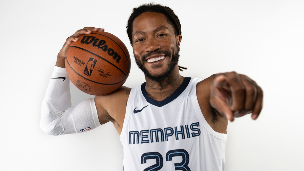 Memphis Grizzlies' Derrick Rose poses for a portrait during the NBA basketball team's media day in Memphis, Tenn. Monday, Oct. 2, 2023. (George Walker IV / AP Photo)