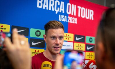 Marc Andre ter Stegen speaks to reporters during FC Barcelona's pre-season tour of the United States