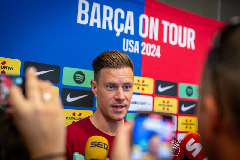 Marc Andre ter Stegen speaks to reporters during FC Barcelona's pre-season tour of the United States