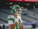 Saskatchewan Roughriders receiver Dhel Duncan-Busby prior to a game during the 2024 CFL season.