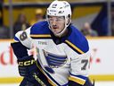 St. Louis Blues left wing Sammy Blais (79) plays against the Nashville Predators during the first period of an NHL hockey game Thursday, April 4, 2024, in Nashville, Tenn.