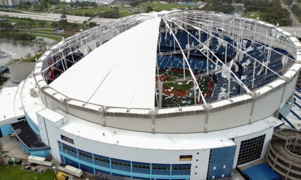 Tropicana Field roof ripped off by Hurricane Milton