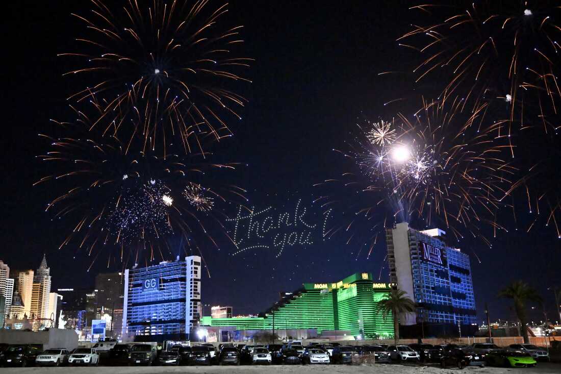 Fireworks are launched before the Tropicana Las Vegas towers are imploded on Wednesday.