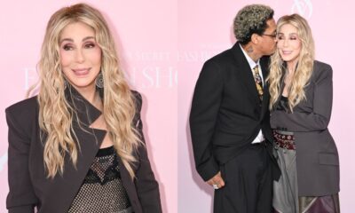 Cher and boyfriend Alexander Edwards at the Victoria's Secret Fashion Show on Oct. 15 in New York, the attico, off-white, blond, bedazzled bodysuit