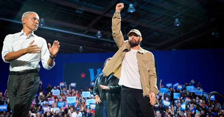 Obama raps Eminem’s ‘Lose Yourself’ as both rally for Kamala Harris in Detroit - National