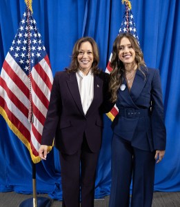 US Vice President and Democratic presidential candidate Kamala Harris (L) poses for a photograph with US actress Jessica Alba before speaking during a campaign rally at Shell Energy Stadium in Houston, Texas, on October 25, 2024. (Photo by ROBERTO SCHMIDT / AFP) (Photo by ROBERTO SCHMIDT/AFP via Getty Images)