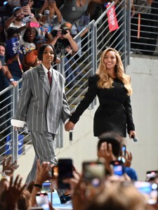 HOUSTON, TEXAS, UNITED STATES - OCTOBER 25: Beyonce and Kelly Rowland arrive to deliver remarks at a campaign rally in support of US Vice President and Democratic presidential nominee Kamala Harris on 'Reproductive Freedom' at Shell Energy Stadium in Houston, Texas, United States on October 25, 2024. (Photo by Kyle Mazza/Anadolu via Getty Images)