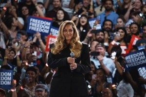 HOUSTON, TEXAS - OCTOBER 25: Singer Beyonc√© speaks at a campaign rally for Democratic presidential nominee, Vice President Kamala Harris, on October 25, 2024 in Houston, Texas. Harris is campaigning in Texas holding a rally supporting reproductive rights with recording artists Beyonc√© and Willie Nelson.  (Photo by Jordan Vonderhaar/Getty Images)