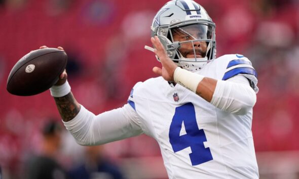 SANTA CLARA, CALIFORNIA - OCTOBER 27: Dak Prescott #4 of the Dallas Cowboys warms up prior to a game against the San Francisco 49ers at Levi's Stadium on October 27, 2024 in Santa Clara, California. (Photo by Thearon W. Henderson/Getty Images)