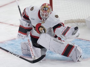 Ottawa Senators goaltender Linus Ullmark (35) makes the save against the Montreal Canadiens.