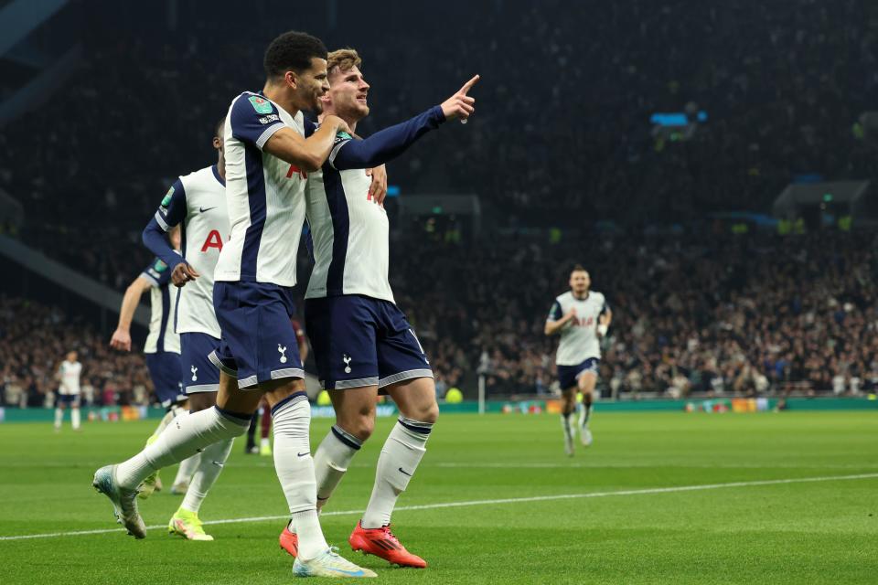 Timo Werner, right, celebrates after scoring for Tottenham against Manchester City (AP)