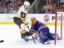 Vegas Golden Knights forward Jack Eichel scores a goal against Edmonton Oilers goaltender Stuart Skinner during the first period at Rogers Place on Nov. 6, 2024, in Edmonton.