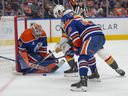 Goalie Stuart Skinner (74) of the Edmonton Oilers,stops Nicolas Roy (10) of the Las Vegas Golden Knights at Rogers Place in Edmonton on November 6, 2024. 