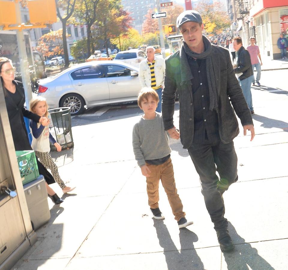 Brad Pitt with his son Knox in New York in 2015. GC Images