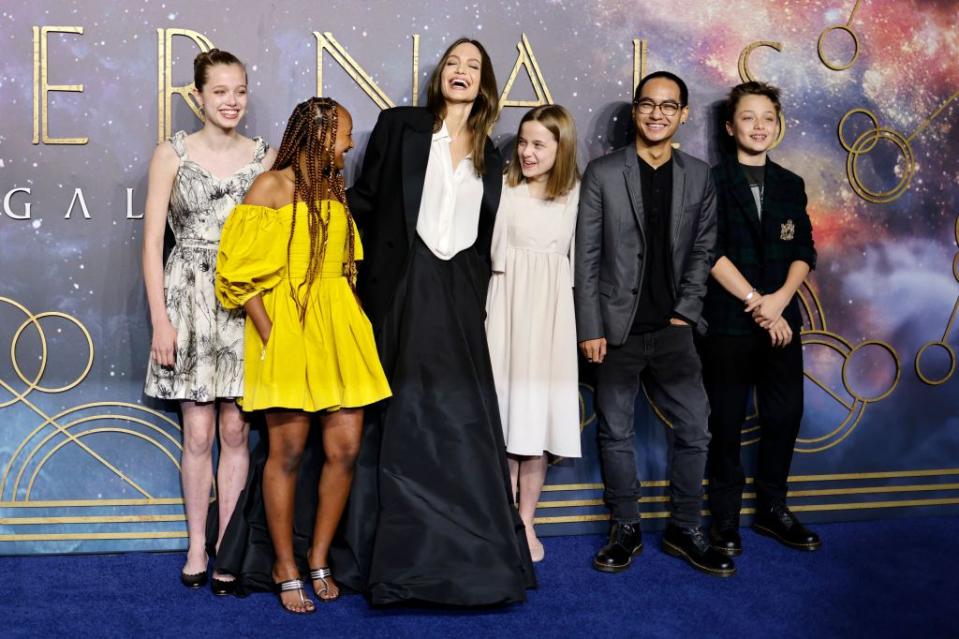 Angelina Jolie with her kids at the “Eternals” London premiere in October 2021. AFP via Getty Images