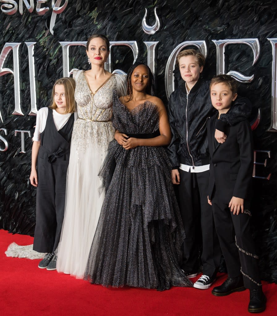 Angelina Jolie with her kids at the “Maleficent” premiere in London in October 2019. WireImage