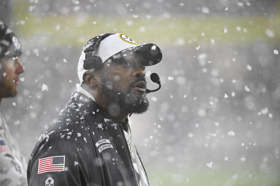 Pittsburgh Steelers head coach Mike Tomlin watches from the sideline in the second half of an NFL football game against the Cleveland Browns, Thursday, Nov. 21, 2024, in Cleveland. (AP Photo/David Richard)