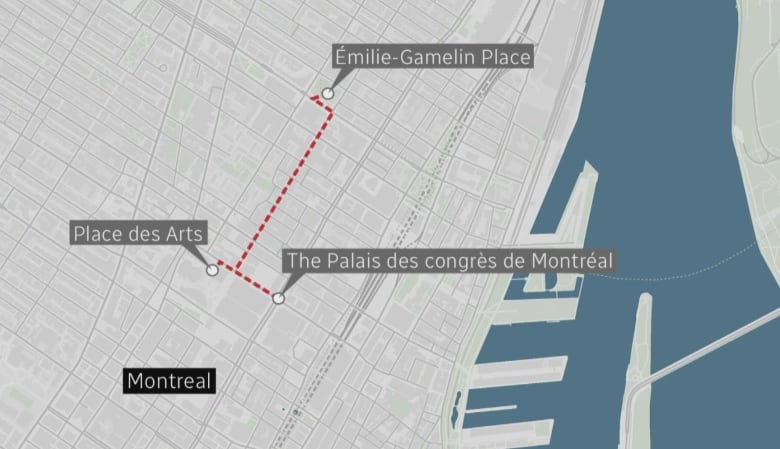 A map shows where two separate protest groups merged into a march in downtown Montreal.