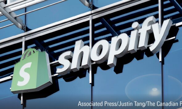 The company logo hangs on the Ottawa headquarters of Canadian e-commerce company Shopify.