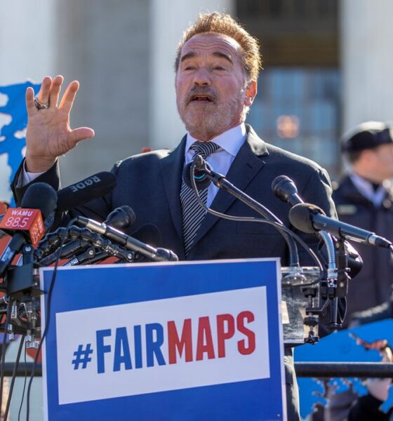 In this March 26, 2019, file photo former California Gov. Arnold Schwarzenegger speaks at a rally calling for "Fair Maps" at the Supreme Court in Washington. (AP Photo/Carolyn Kaster)