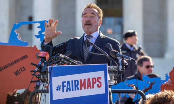 In this March 26, 2019, file photo former California Gov. Arnold Schwarzenegger speaks at a rally calling for "Fair Maps" at the Supreme Court in Washington. (AP Photo/Carolyn Kaster)