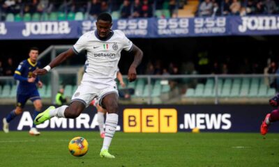 Inter Milan's Marcus Thuram scores during the Serie A soccer match between Hellas Verona and Inter Milan at the Marcantonio Bentegodi Stadium, in Verona. (Paola Garbuio/AP)