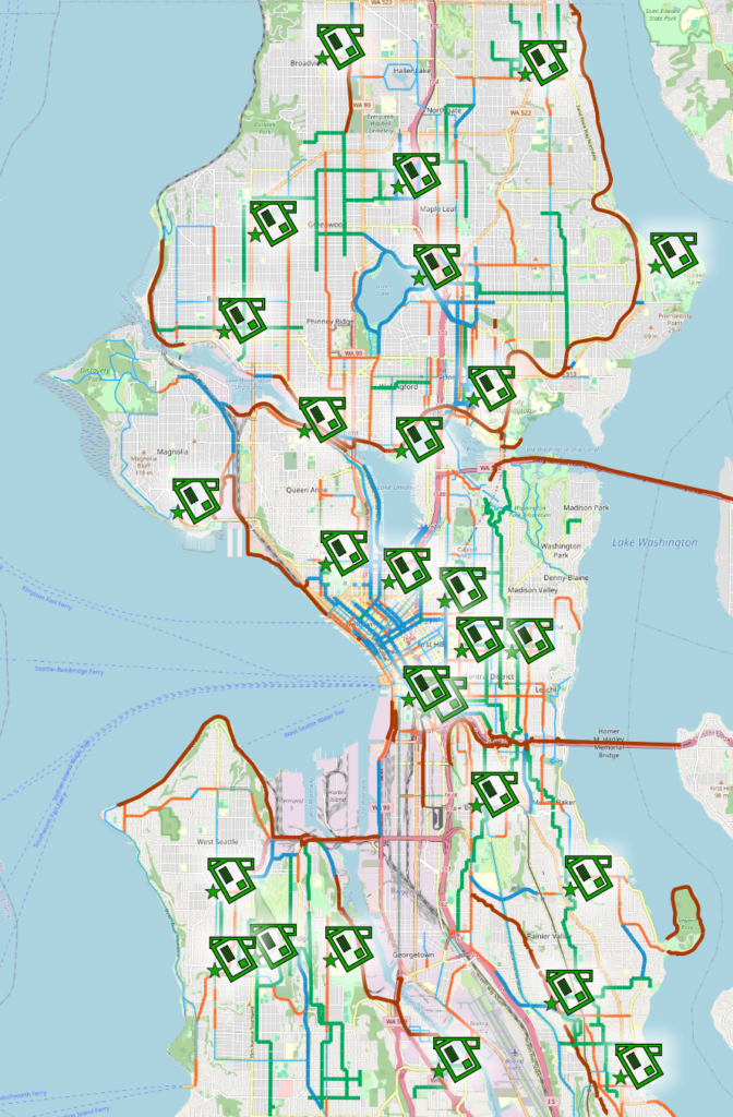 Map of Seattle with bike facilities and drop box locations marked.