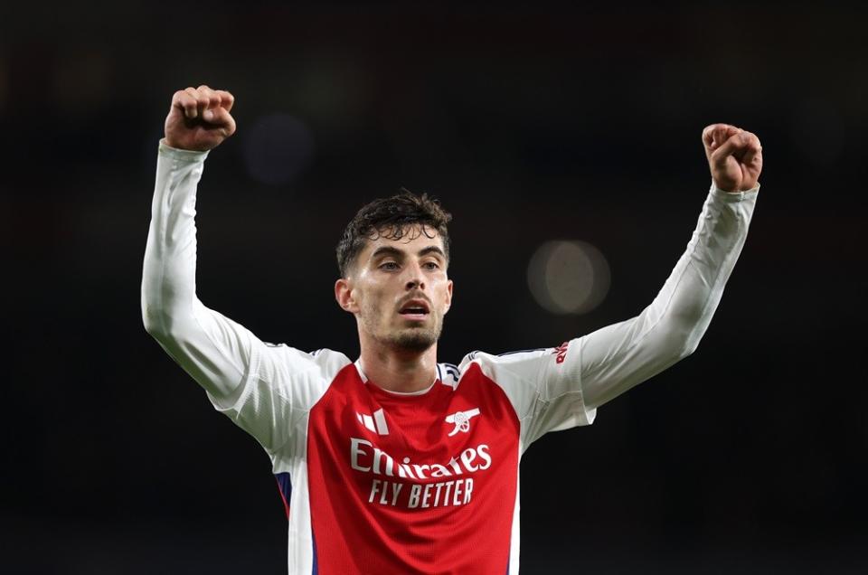 LONDON, ENGLAND: Kai Havertz of Arsenal celebrates scoring his team's first goal during the UEFA Champions League 2024/25 League Phase MD2 match between Arsenal FC and Paris Saint-Germain at Emirates Stadium on October 01, 2024. (Photo by Julian Finney/Getty Images)