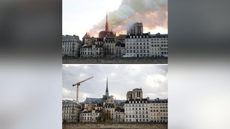 A combination picture shows smoke billowing as fire engulfs the spire of Notre Dame Cathedral in Paris, France, April 15, 2019 (top), and another view of the new spire, surmounted by the rooster and the cross as restoration works continue.