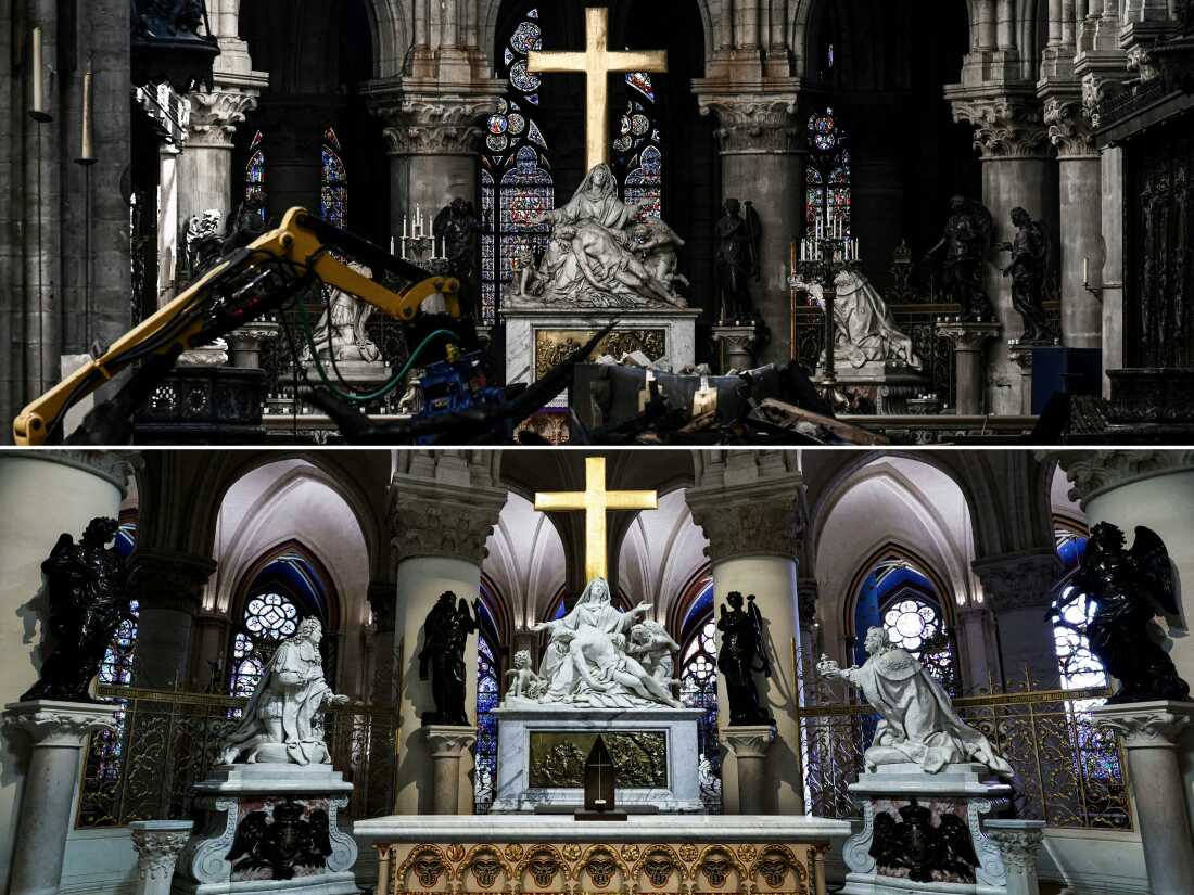 (COMBO) This combination of pictures created on November 29, 2024 shows rubble and the cross at the altar inside the the Notre-Dame Cathedral in Paris a month after it sustained major fire, on May 15, 2019 (TOP), and the tabernacle designed by French artist and designer Guillaume Bardet in the heart of Notre-Dame Cathedral in Paris on November 29, 2024. The Notre-Dame Cathedral is set to re-open early December 2024, with a planned weekend of ceremonies on December 7 and 8, 2024, five years after the 2019 fire which ravaged the world heritage landmark and toppled its spire. Some 250 companies and hundreds of experts were mobilised for the five-year restoration costing hundreds of millions of euros. (Photo by Philippe LOPEZ and STEPHANE DE SAKUTIN / POOL / AFP) / RESTRICTED TO EDITORIAL USE - MANDATORY MENTION OF THE ARTIST UPON PUBLICATION - TO ILLUSTRATE THE EVENT AS SPECIFIED IN THE CAPTION (Photo by PHILIPPE LOPEZSTEPHANE DE SAKUTIN/POOL/AFP via Getty Images)