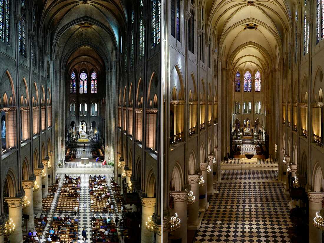 (COMBO) This combination of pictures created on November 29, 2024 shows the Western Rose window of Notre-Dame Cathedral in Paris on November 29, 2024 (L) and on November 30, 2012 (R). The Notre-Dame Cathedral is set to re-open early December 2024, with a planned weekend of ceremonies on December 7 and 8, 2024, five years after the 2019 fire which ravaged the world heritage landmark and toppled its spire. Some 250 companies and hundreds of experts were mobilised for the five-year restoration costing hundreds of millions of euros. (Photo by STEPHANE DE SAKUTIN and PATRICK KOVARIK / various sources / AFP) (Photo by STEPHANE DE SAKUTINPATRICK KOVARIK/AFP/POOL/AFP via Getty Images)