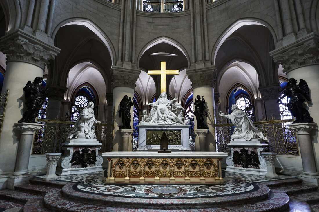 This photograph shows the tabernacle designed by French artist and designer Guillaume Bardet, in the heart of Notre-Dame de Paris cathedral in Paris, on November 29, 2024. The Notre-Dame Cathedral is set to re-open early December 2024, with a planned weekend of ceremonies on December 7 and 8, 2024, five years after the 2019 fire which ravaged the world heritage landmark and toppled its spire. Some 250 companies and hundreds of experts were mobilised for the five-year restoration costing hundreds of millions of euros. (Photo by STEPHANE DE SAKUTIN / POOL / AFP) / RESTRICTED TO EDITORIAL USE - MANDATORY MENTION OF THE ARTIST UPON PUBLICATION - TO ILLUSTRATE THE EVENT AS SPECIFIED IN THE CAPTION (Photo by STEPHANE DE SAKUTIN/POOL/AFP via Getty Images)