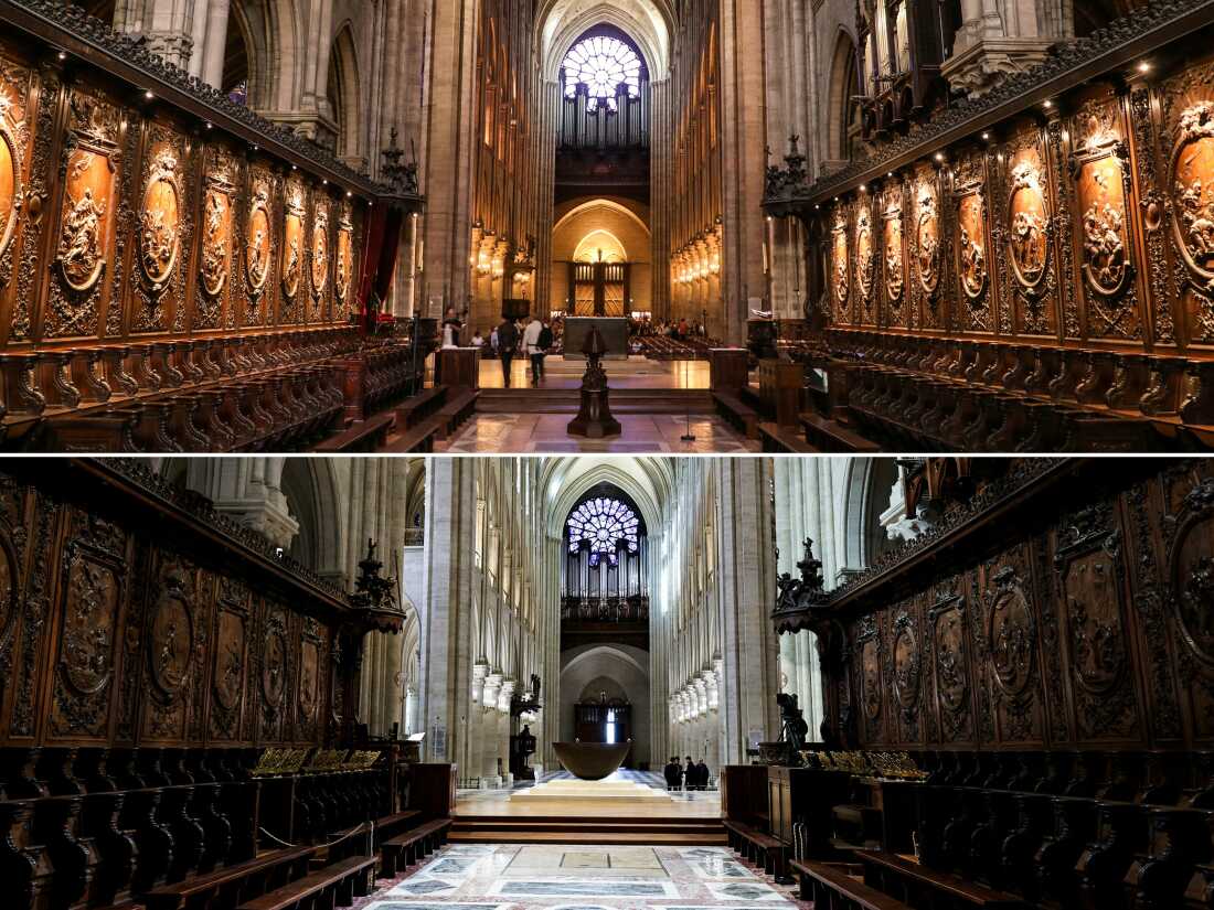 This combination of pictures created on November 29, 2024 shows the choir stalls of Notre-Dame Cathedral in Paris on June 26, 2018 (TOP) and on November 29, 2024 (BOTTOM). The Notre-Dame Cathedral is set to re-open early December 2024, with a planned weekend of ceremonies on December 7 and 8, 2024, five years after the 2019 fire which ravaged the world heritage landmark and toppled its spire. Some 250 companies and hundreds of experts were mobilised for the five-year restoration costing hundreds of millions of euros. (Photo by Ludovic MARIN and STEPHANE DE SAKUTIN / various sources / AFP) (Photo by LUDOVIC MARINSTEPHANE DE SAKUTIN/AFP/POOL/AFP via Getty Images)