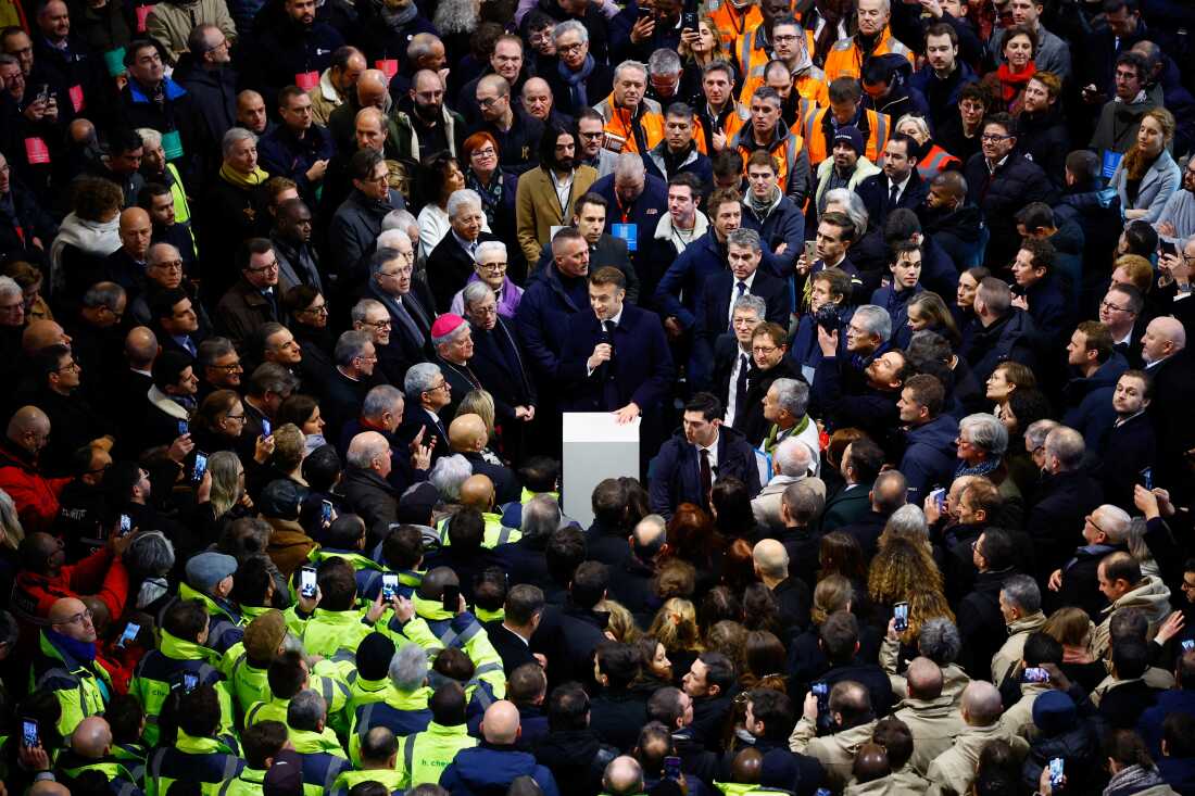 French President Emmanuel Macron delivers a speech during a visit of Notre-Dame de Paris cathedral in Paris, on November 29, 2024. The Notre-Dame Cathedral is set to re-open early December 2024, with a planned weekend of ceremonies on December 7 and 8, 2024, five years after the 2019 fire which ravaged the world heritage landmark and toppled its spire. Some 250 companies and hundreds of experts were mobilised for the five-year restoration costing hundreds of millions of euros. (Photo by Sarah Meyssonnier / POOL / AFP) (Photo by SARAH MEYSSONNIER/POOL/AFP via Getty Images)