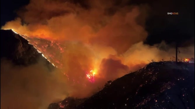 This image shows flames from the Franklin Fire burning in Malibu outside Los Angeles.